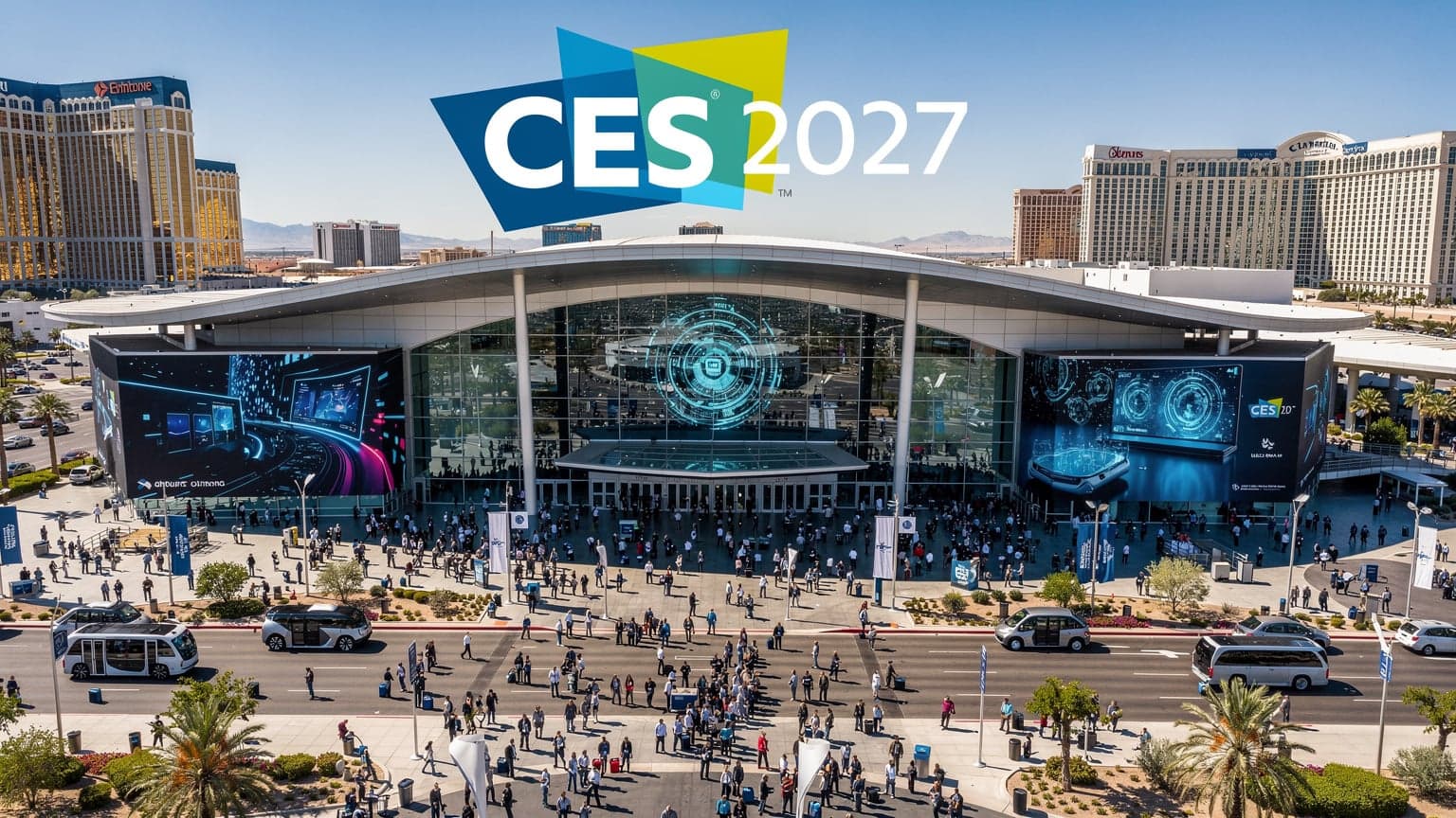라스베이거스 컨벤션 센터 전경과 CES 2027 로고