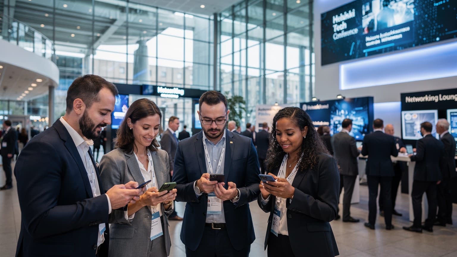 Empreendedores brasileiros em Helsinque, Finlândia, usando seus smartphones para networking no Slush 2026, com o centro de convenções ao fundo.