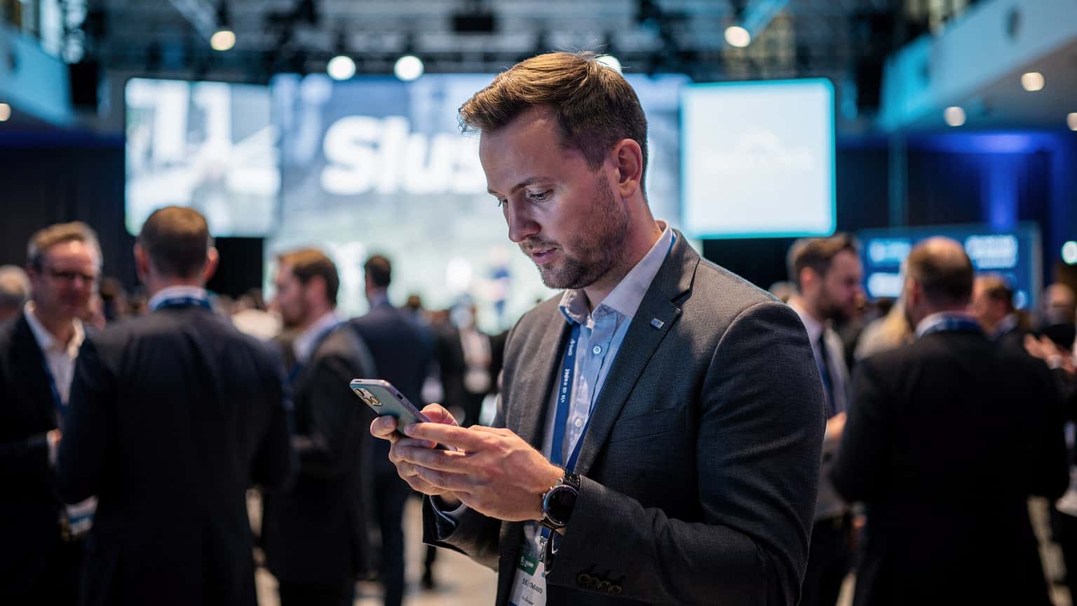 Seorang usahawan menggunakan telefon bimbitnya di sebuah persidangan startup yang sibuk di Helsinki, dengan latar belakang logo Slush yang kabur.