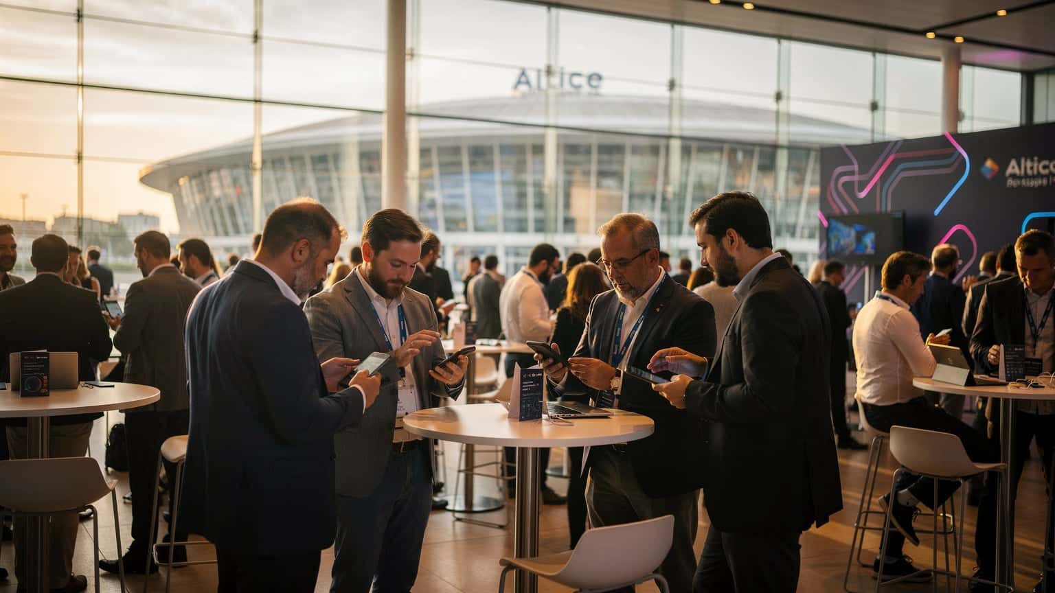 Moderne Tech-Profis nutzen ihre Smartphones auf einer belebten Konferenzfläche, um sich zu vernetzen und Informationen auszutauschen, mit Lissabon im Hintergrund.