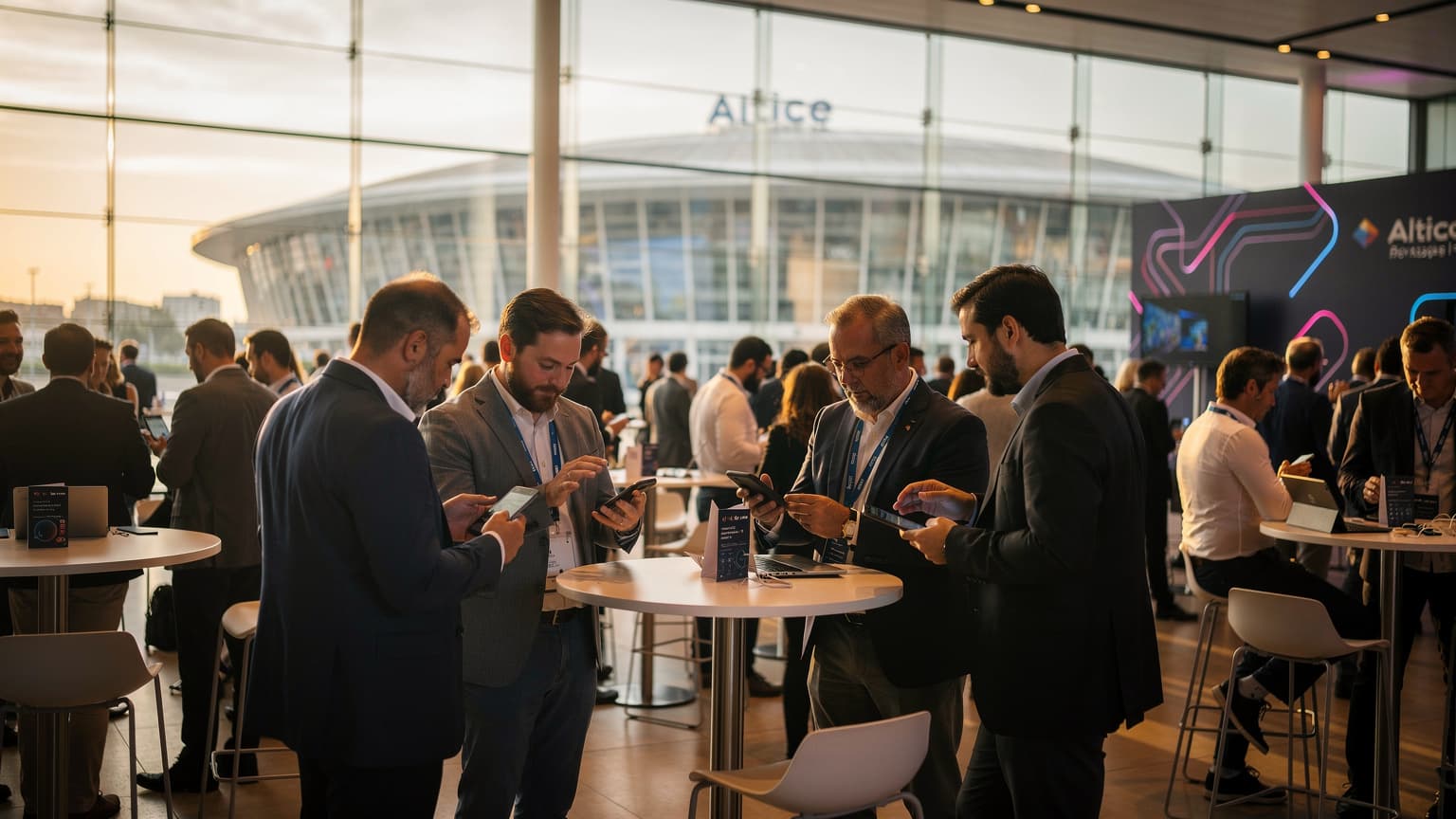 Moderne Tech-Profis nutzen ihre Smartphones auf einer belebten Konferenzfläche, um sich zu vernetzen und Informationen auszutauschen, mit Lissabon im Hintergrund.
