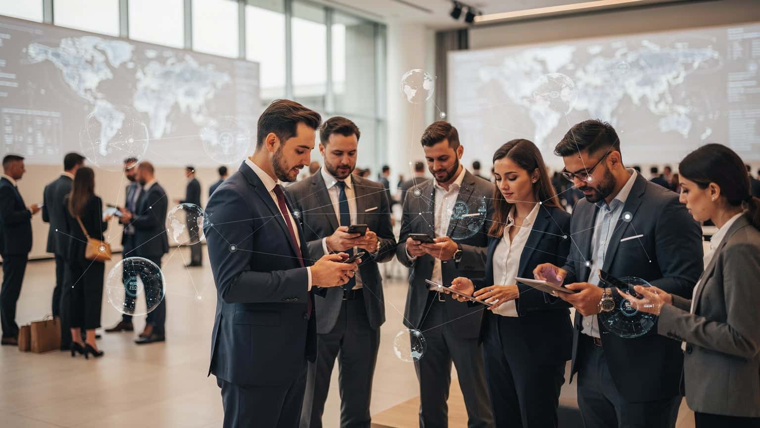 Professionisti che utilizzano smartphone e tablet in un ambiente moderno e connesso, con elementi grafici che richiamano il networking e la tecnologia.