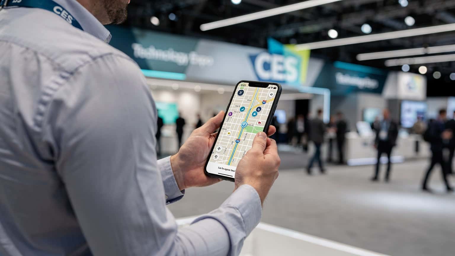 En illustrasjon av en person som bruker en smarttelefon med en digital kartvisning over Las Vegas, med CES-logoen diskret i bakgrunnen, symboliserer tilkobling og navigasjon på en stor teknologimesse.