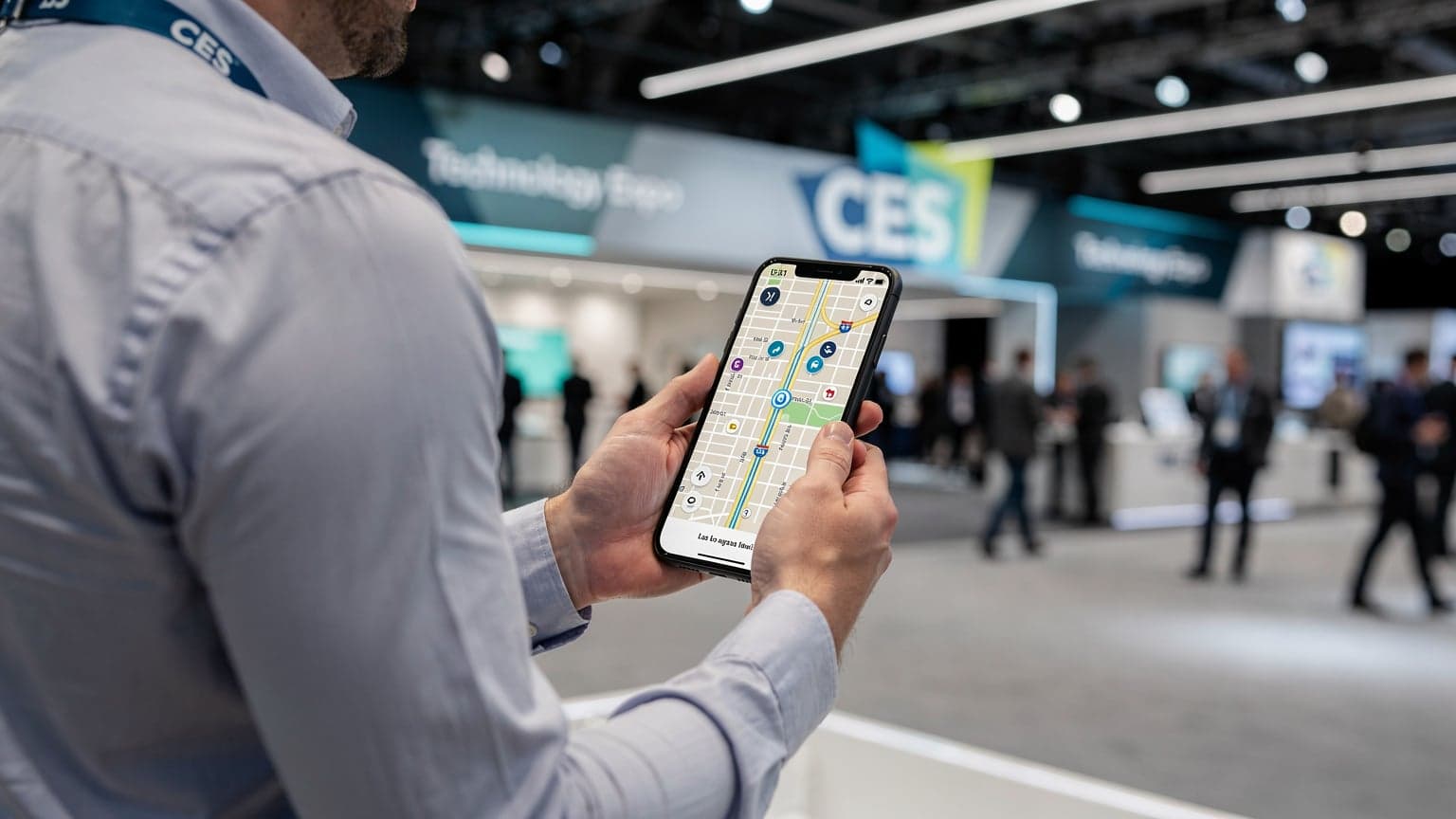 En illustrasjon av en person som bruker en smarttelefon med en digital kartvisning over Las Vegas, med CES-logoen diskret i bakgrunnen, symboliserer tilkobling og navigasjon på en stor teknologimesse.