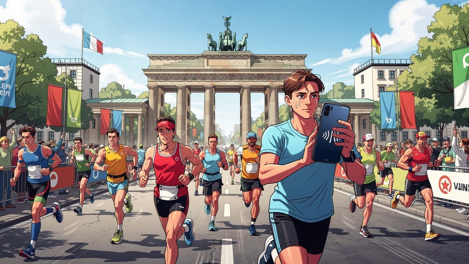 Corredores participando en el Maratón de Berlín, con edificios emblemáticos de la ciudad de fondo y una interfaz de teléfono mostrando conectividad.