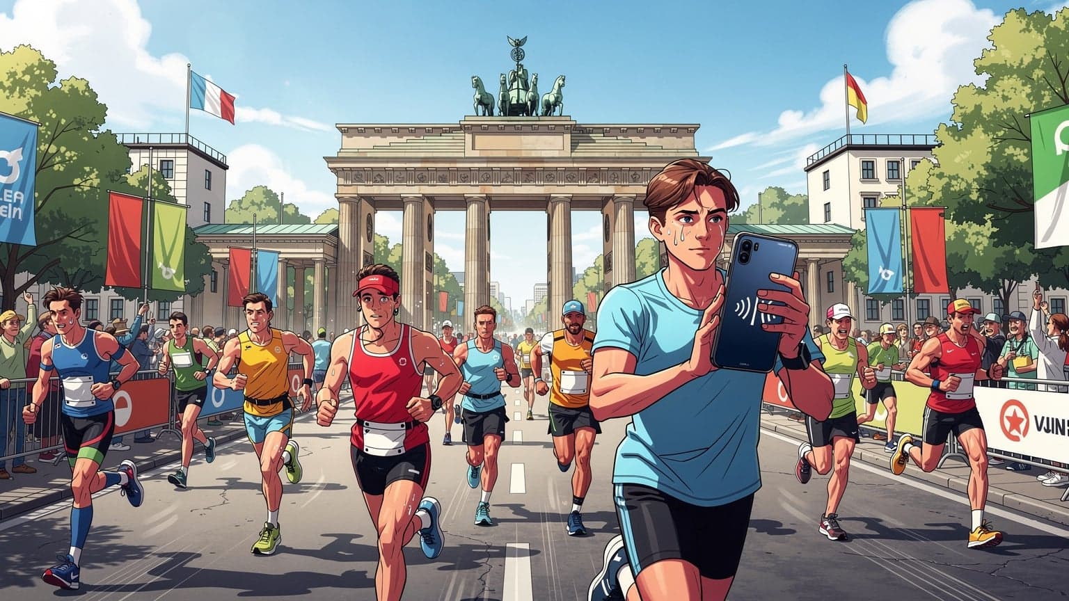 Corredores participando en el Maratón de Berlín, con edificios emblemáticos de la ciudad de fondo y una interfaz de teléfono mostrando conectividad.
