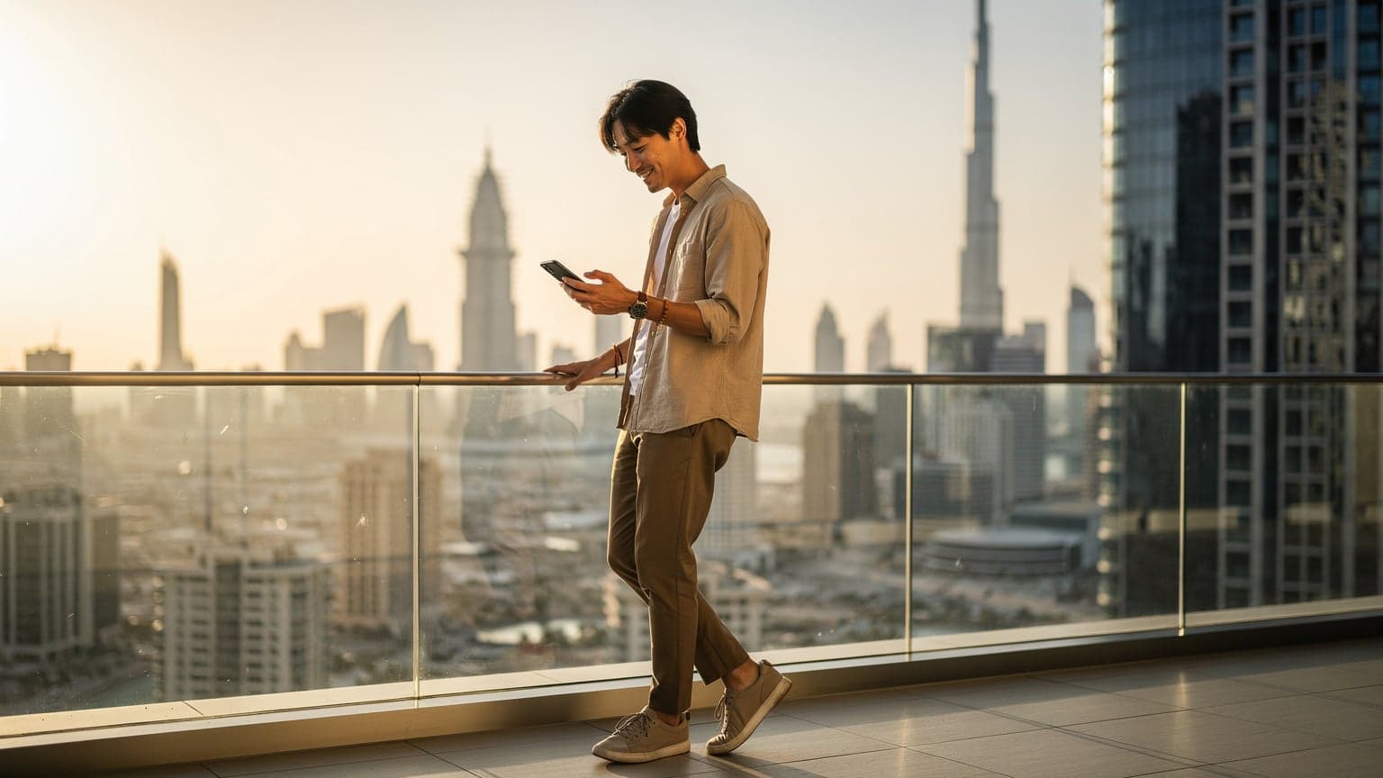 A stylish Japanese traveler on a high-rise balcony in Dubai, looking at their smartphone with the city skyline and Burj Khalifa in the background during golden hour, illustrating modern travel and connectivity.