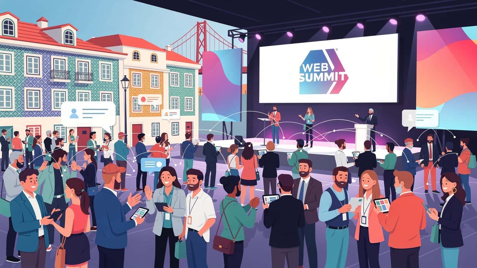 Uczestnicy konferencji technologicznej Web Summit w Lizbonie, korzystający z urządzeń mobilnych z widocznymi symbolami sieci i połączenia internetowego, na tle nowoczesnej architektury.