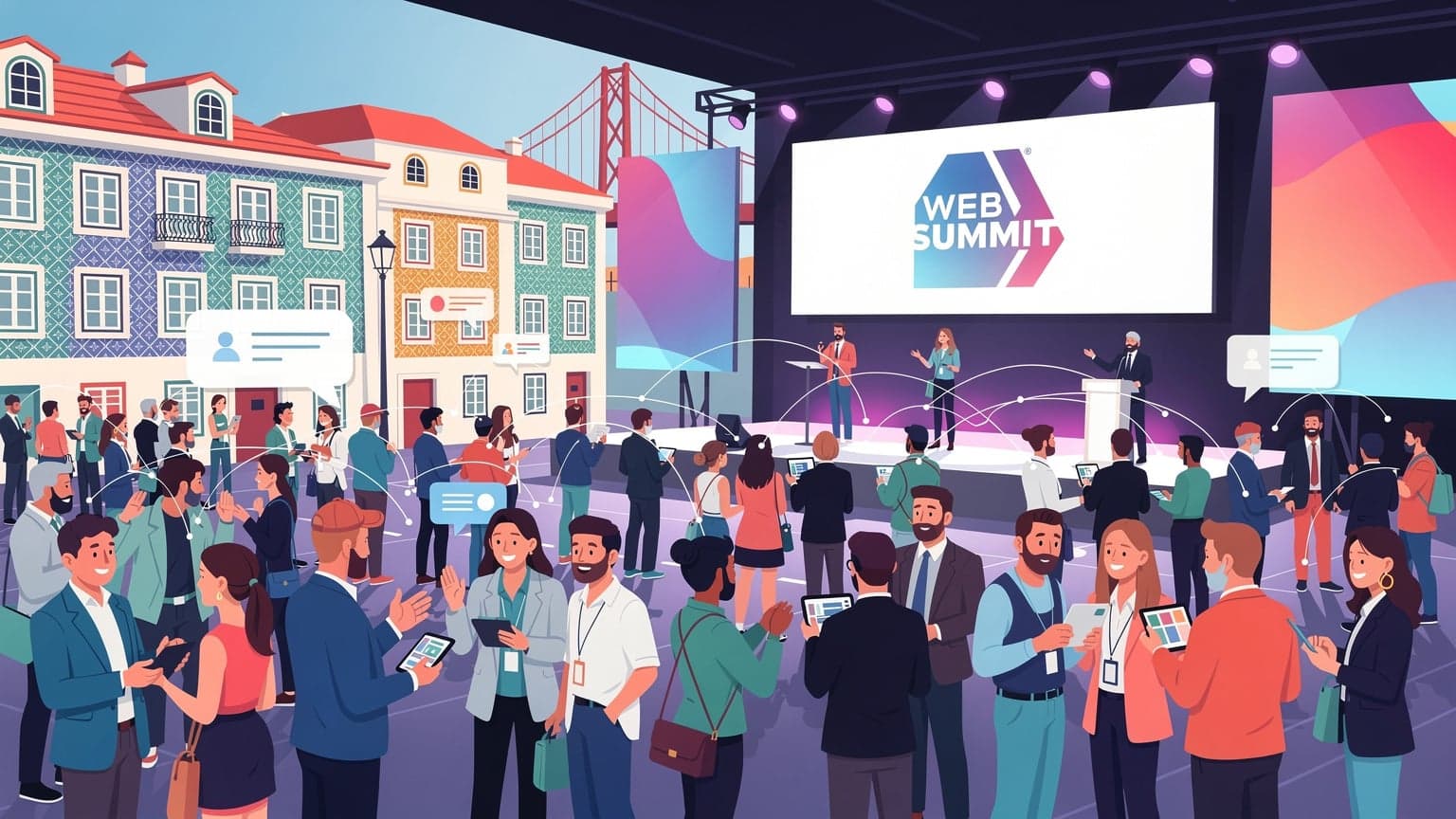 Uczestnicy konferencji technologicznej Web Summit w Lizbonie, korzystający z urządzeń mobilnych z widocznymi symbolami sieci i połączenia internetowego, na tle nowoczesnej architektury.