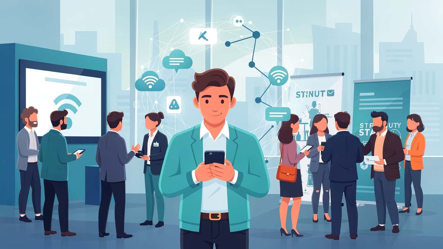En illustrasjon av en person som bruker en smarttelefon på et travelt startup-event, med nettverksikoner som symboliserer tilkobling.