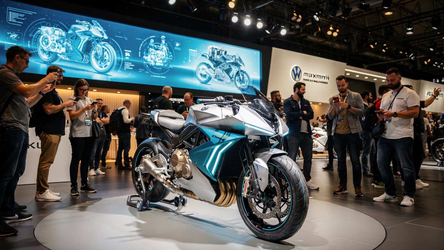 Uma motocicleta moderna em exibição em um pavilhão de feiras, com pessoas ao fundo observando.