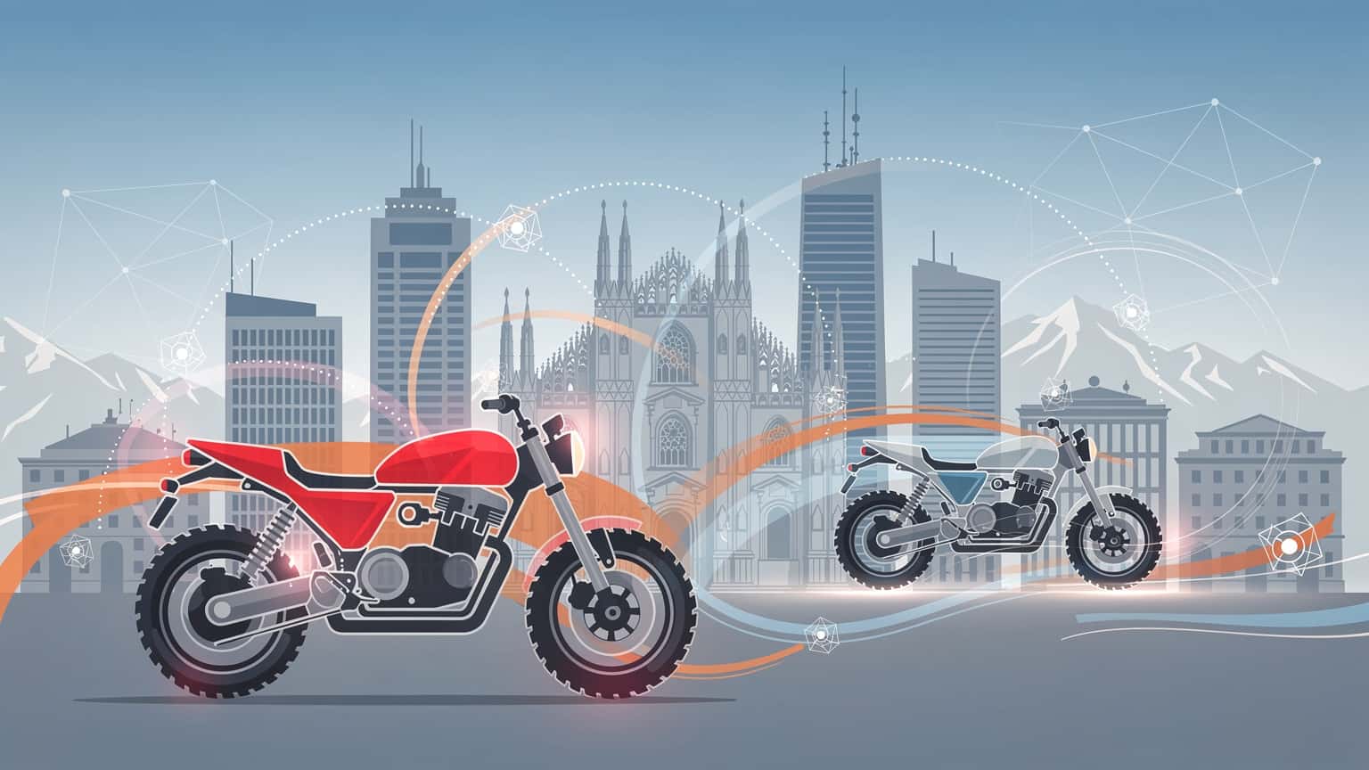 Pemandangan Milan dengan latar belakang pameran motosikal EICMA, menunjukkan ketersambungan digital yang lancar.