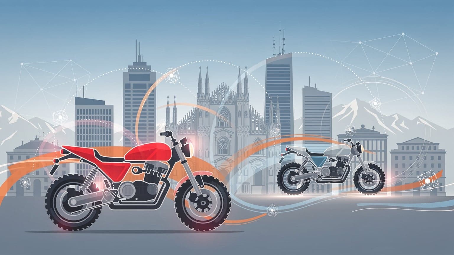 Pemandangan Milan dengan latar belakang pameran motosikal EICMA, menunjukkan ketersambungan digital yang lancar.