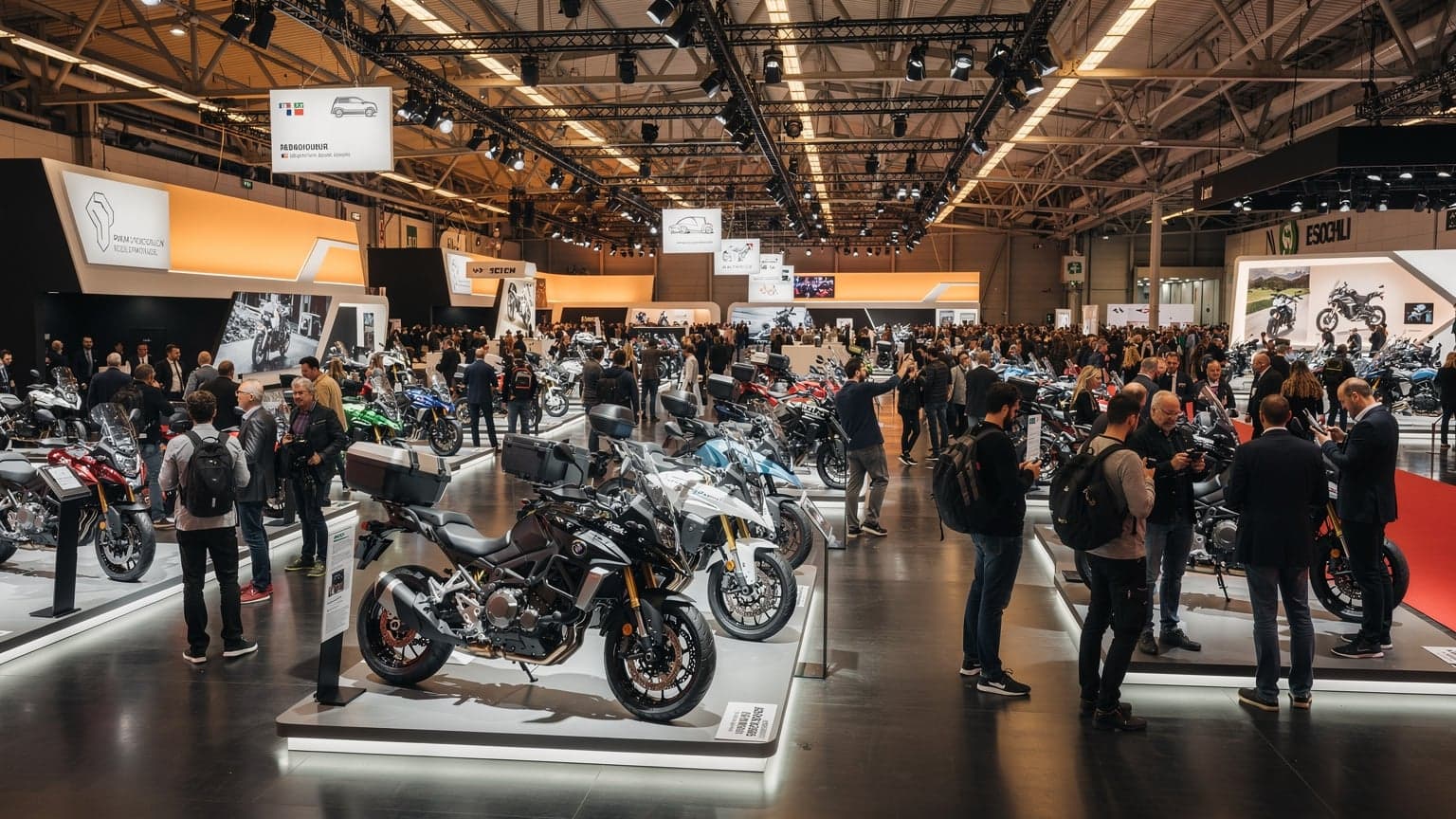 En motorcykeludstilling med mange besøgende, der bruger deres telefoner, illustrerer behovet for mobilforbindelse ved EICMA 2026 i Milano.