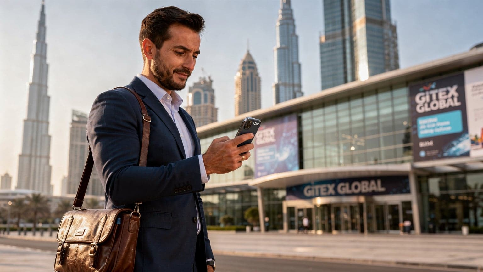 Professionista italiano che utilizza uno smartphone con eSIM per connettersi a Dubai, con lo skyline della città e un centro congressi sullo sfondo, simboleggiando la partecipazione al GITEX GLOBAL.