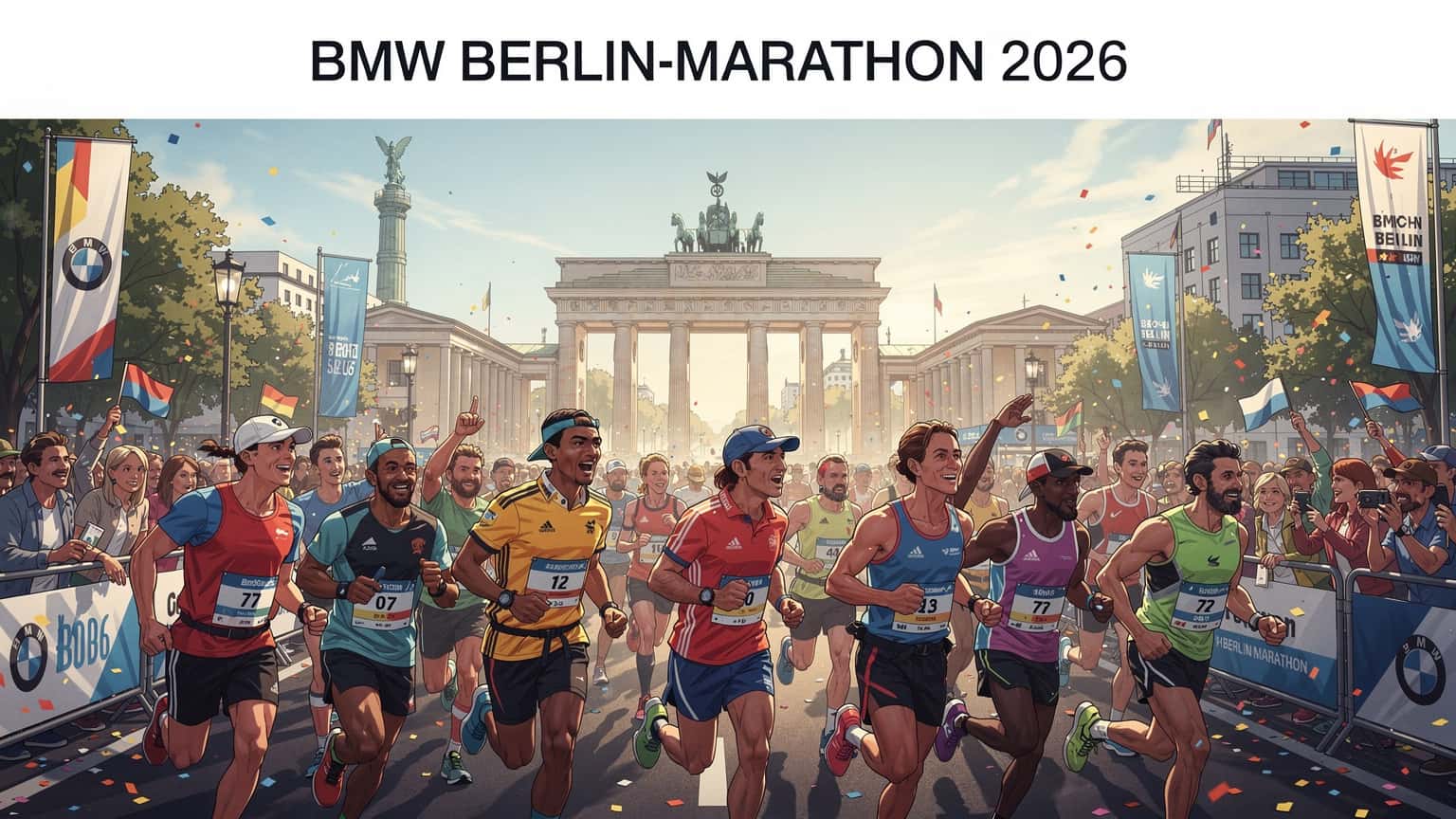 Bežci na štarte BMW BERLIN-MARATHON 2026 s berlínskymi pamiatkami v pozadí, symbolizujúci pripojenie a zdieľanie zážitkov.