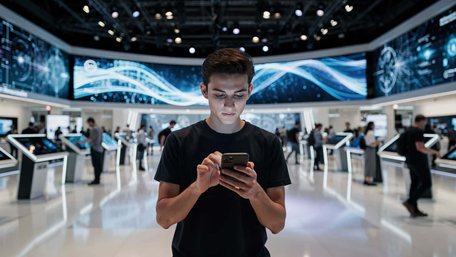 En person navigerar på en stor teknikmässa med en smartphone i handen, omgiven av digitala skärmar och andra besökare. Bilden fokuserar på vikten av uppkoppling i en dynamisk miljö.