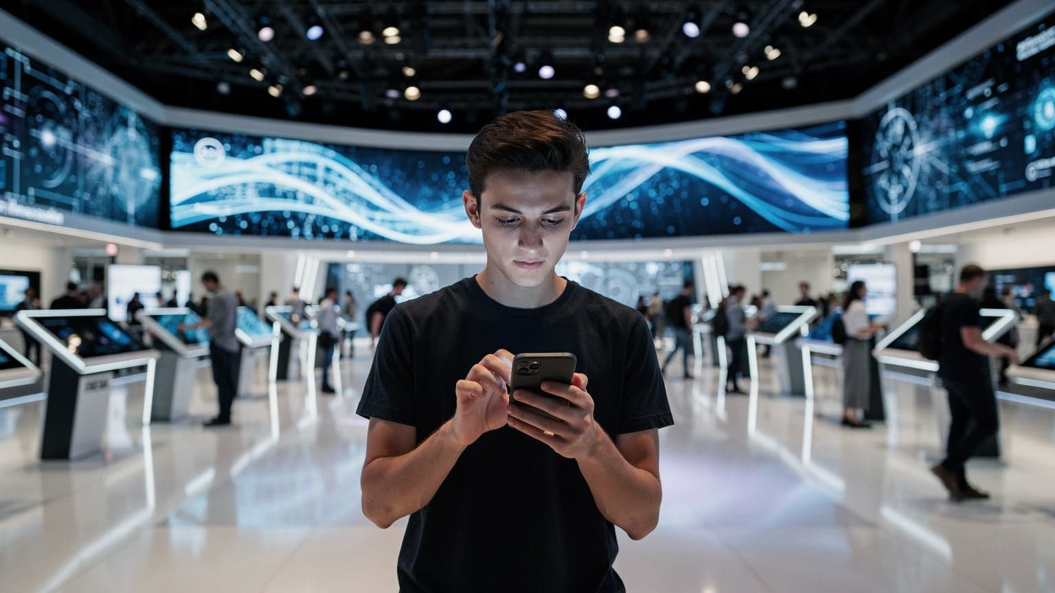 En person navigerar på en stor teknikmässa med en smartphone i handen, omgiven av digitala skärmar och andra besökare. Bilden fokuserar på vikten av uppkoppling i en dynamisk miljö.