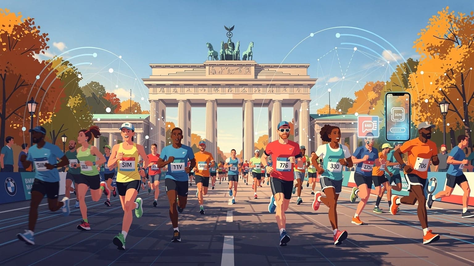 Бегуны на BMW BERLIN-MARATHON 2026, на фоне Бранденбургских ворот в Берлине, с цифровыми элементами, символизирующими связь.