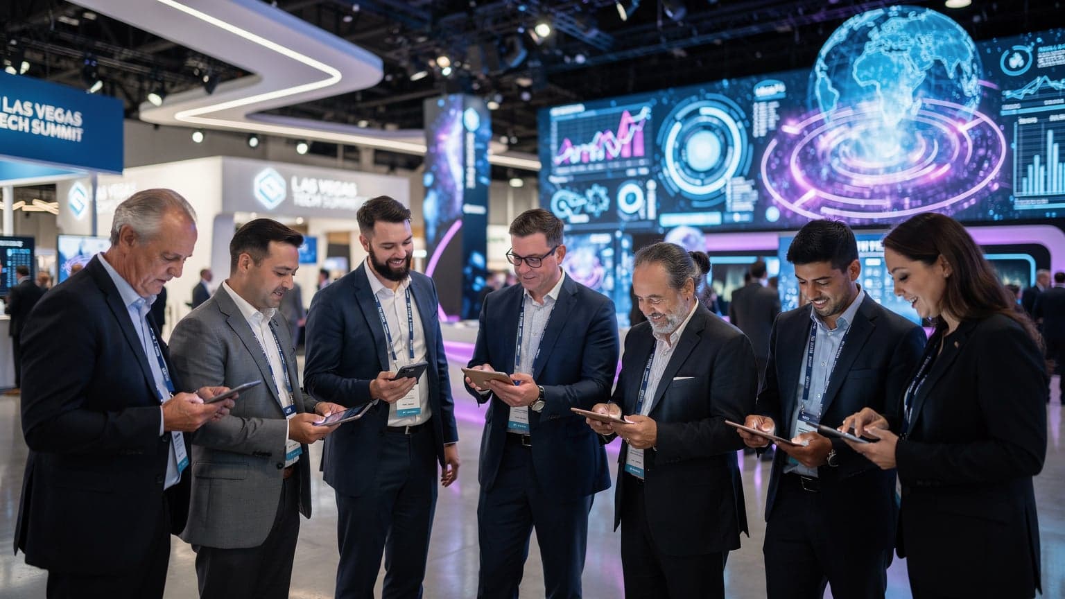 Profesionales utilizando dispositivos móviles en un evento tecnológico con pantallas futuristas en Las Vegas