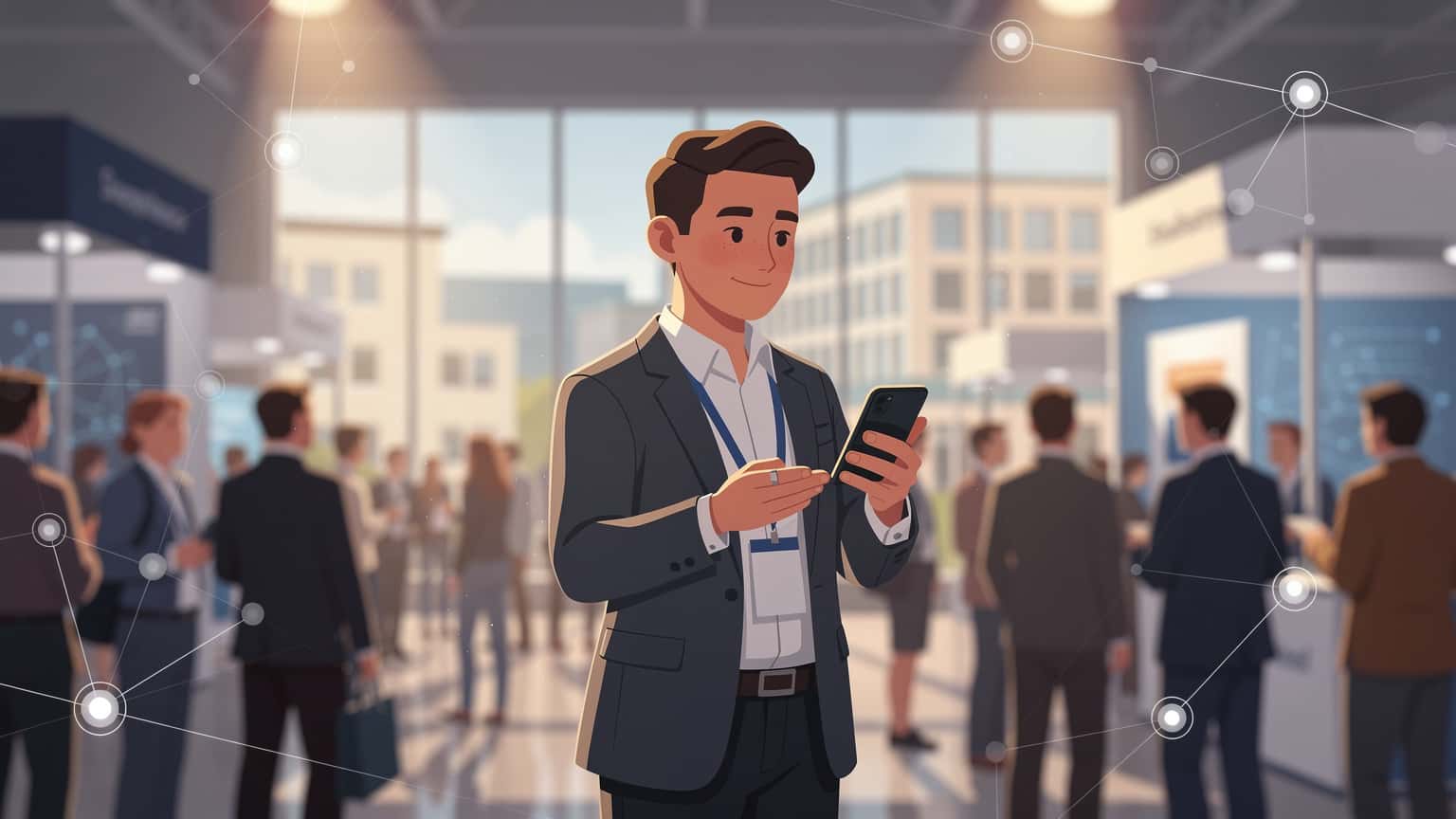 En entreprenör använder sin smartphone för att nätverka under ett livligt startup-evenemang i Helsingfors, med fokus på digital kommunikation.