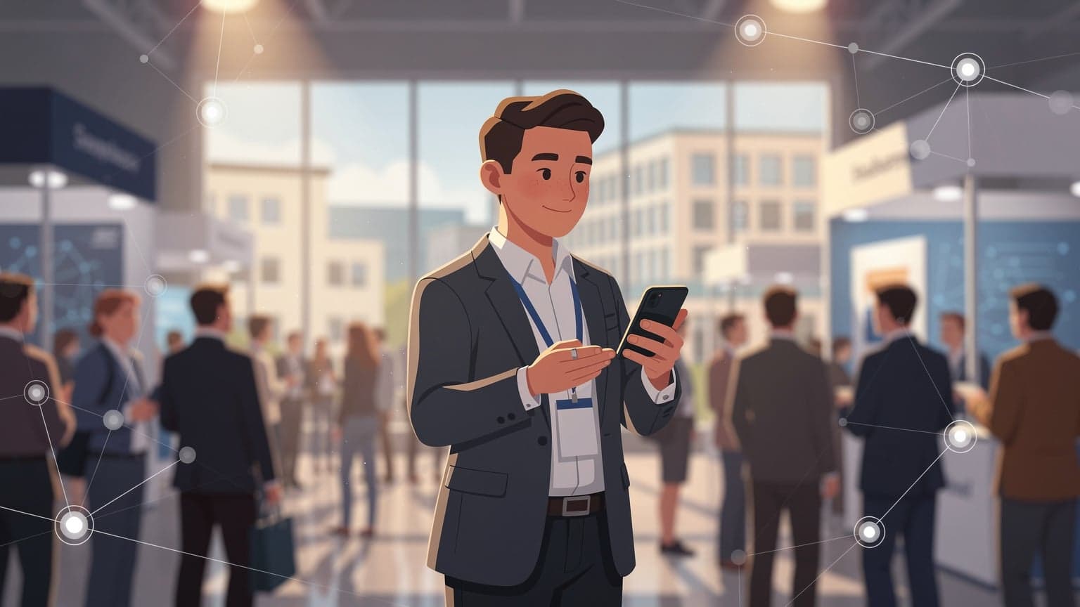 En entreprenör använder sin smartphone för att nätverka under ett livligt startup-evenemang i Helsingfors, med fokus på digital kommunikation.