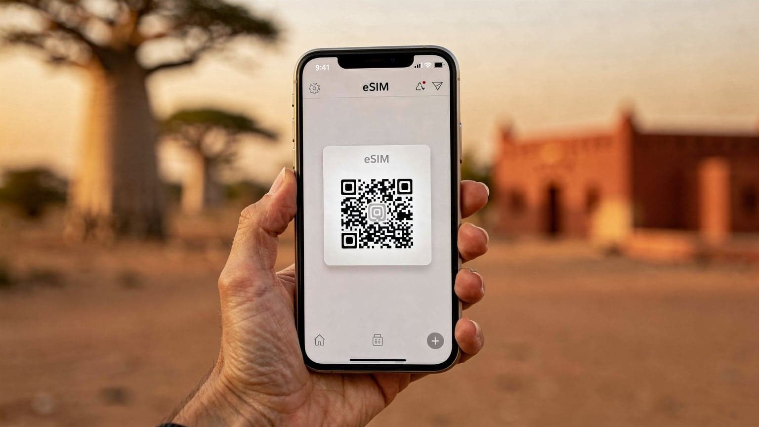 Une personne utilisant un smartphone avec une carte eSIM affichée à l'écran, sur fond de paysage sénégalais stylisé