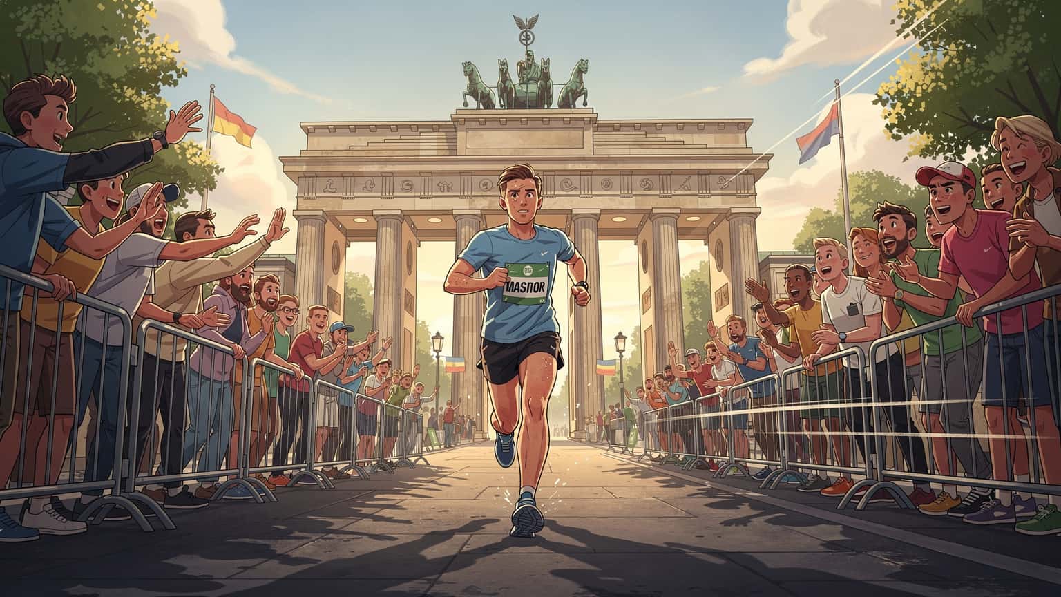 En løper med startnummer passerer Brandenburger Tor under BMW BERLIN-MARATHON, med tilskuere langs løypen. Fokus på tilkobling og deling av opplevelser.