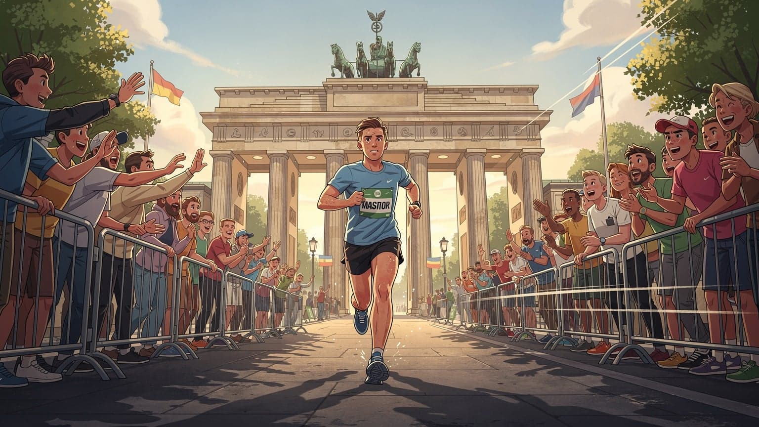 En løper med startnummer passerer Brandenburger Tor under BMW BERLIN-MARATHON, med tilskuere langs løypen. Fokus på tilkobling og deling av opplevelser.