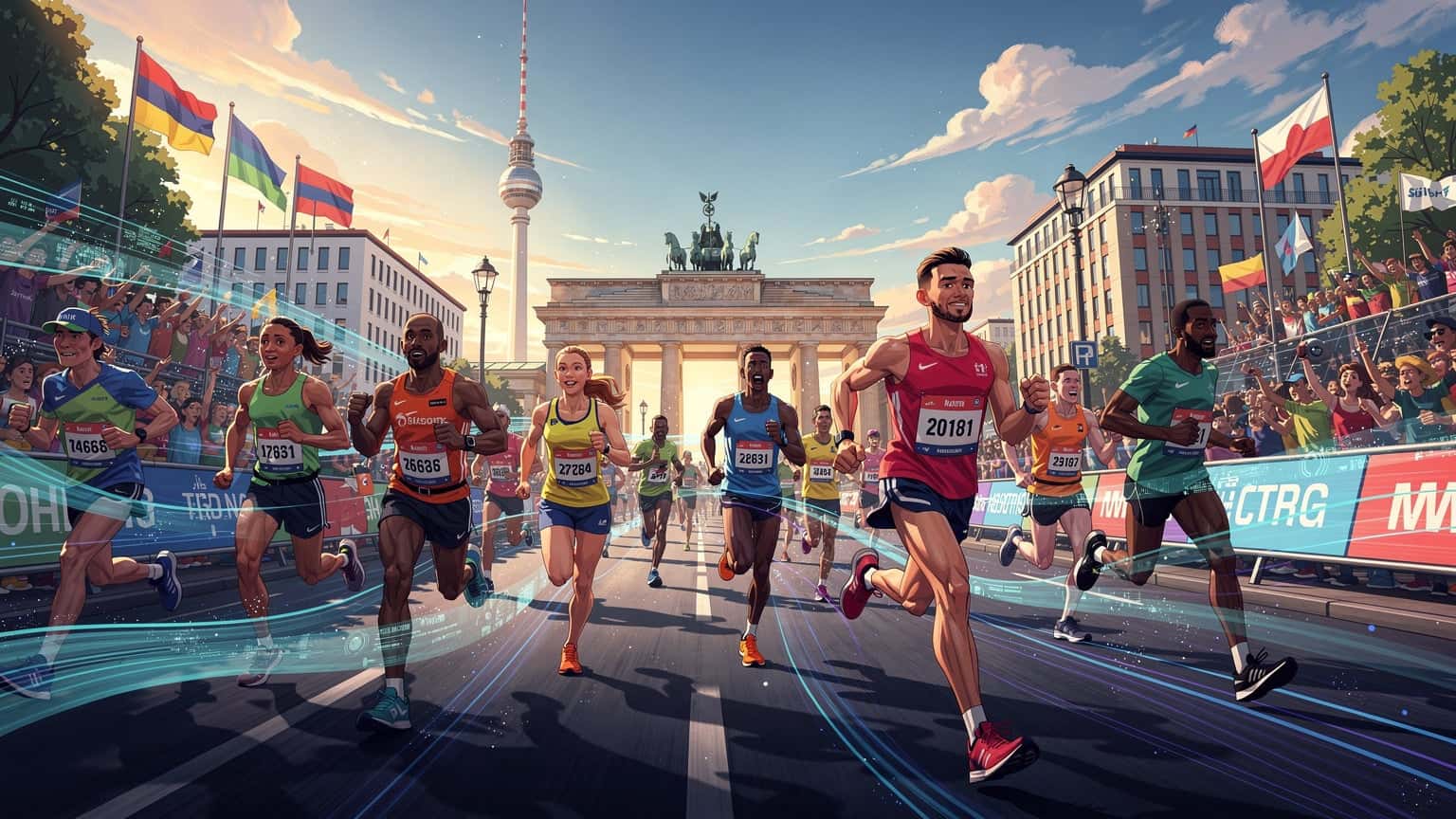 Pelari maraton melintasi jalanan Berlin yang ramai, dengan latar belakang ikon kota, menunjukkan semangat kompetisi dan konektivitas digital.