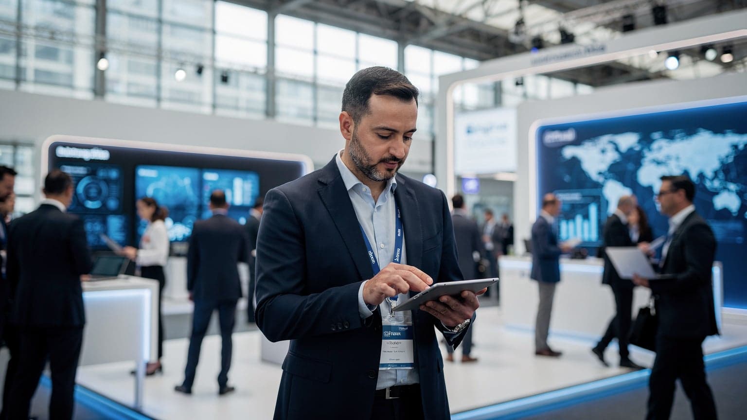 Ένας Έλληνας tech innovator χρησιμοποιεί ένα tablet σε ένα συνέδριο τεχνολογίας στο Μιλάνο, με φόντο ένα εκθεσιακό περίπτερο.