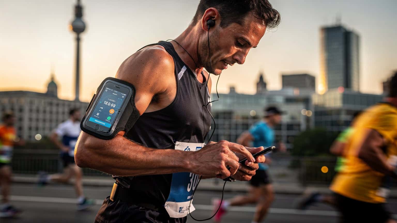 Un corridore con uno smartphone al braccio, con lo skyline di Berlino sfocato sullo sfondo, che simboleggia la connettività durante la maratona.