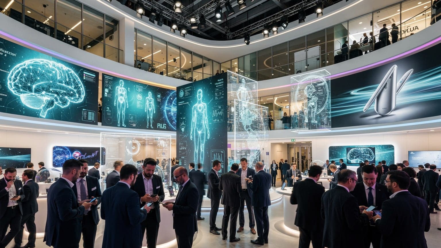 En futuristisk udstilling med lysende skærme og mennesker, der interagerer med ny teknologi på en tech-messe i Milano.