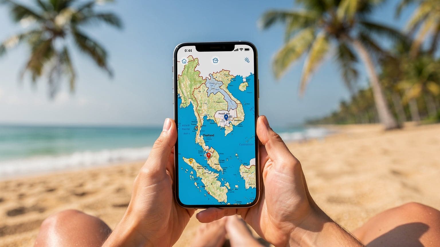 En person holder en smartphone med et kort over Thailand på skærmen, mens de sidder ved en strand med palmer i baggrunden.