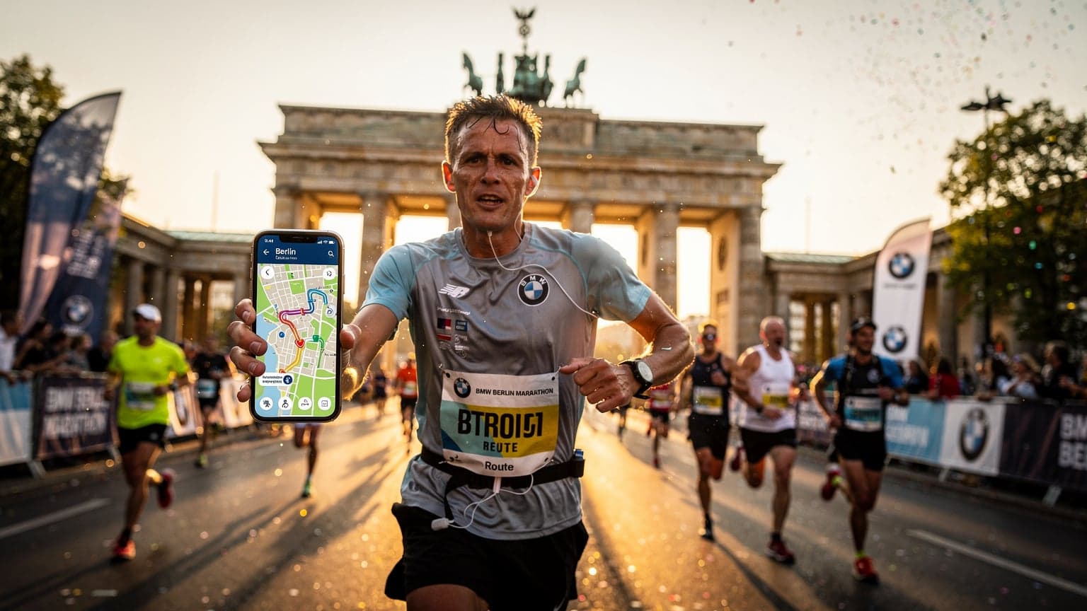 En löpare med en smartphone som visar en karta över Berlin, med Brandenburger Tor i bakgrunden, symboliserande uppkoppling under BMW Berlin Marathon.