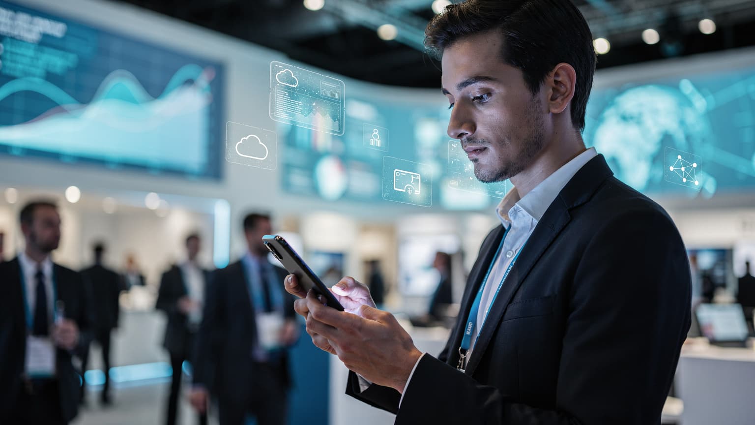 Une personne utilisant un smartphone avec une interface de conférence tech en arrière-plan, symbolisant la connectivité à Slush Helsinki 2026.