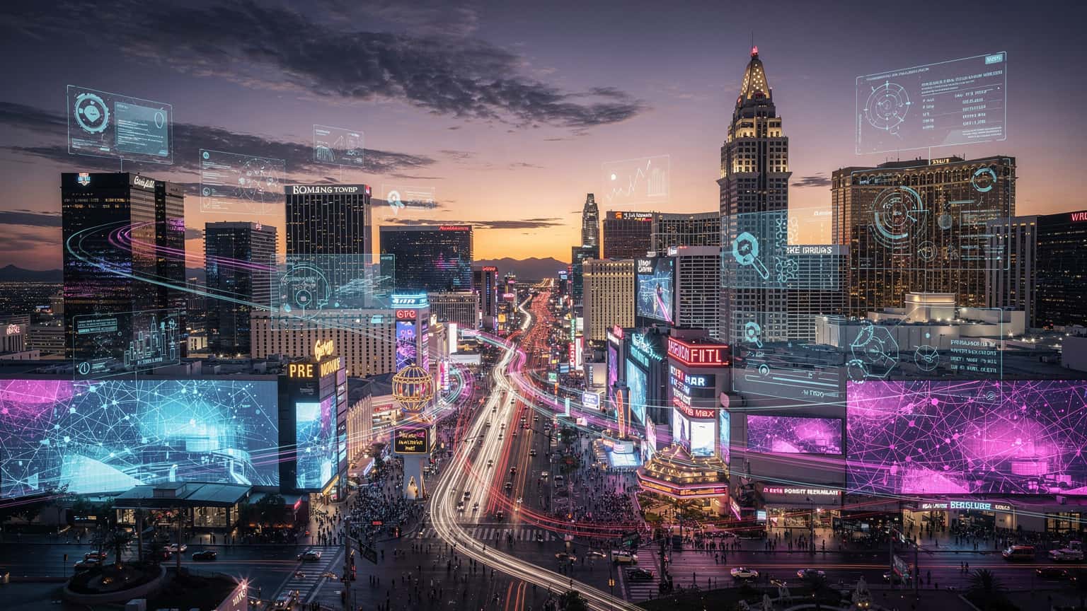 En futuristisk bild av Las Vegas skyline med digitala element som symboliserar teknik och uppkoppling, lämplig för CES 2027.