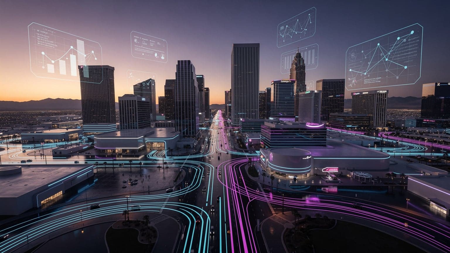 O imagine stilizată a orizontului orașului Las Vegas cu elemente futuriste de tehnologie, simbolizând inovația de la CES.