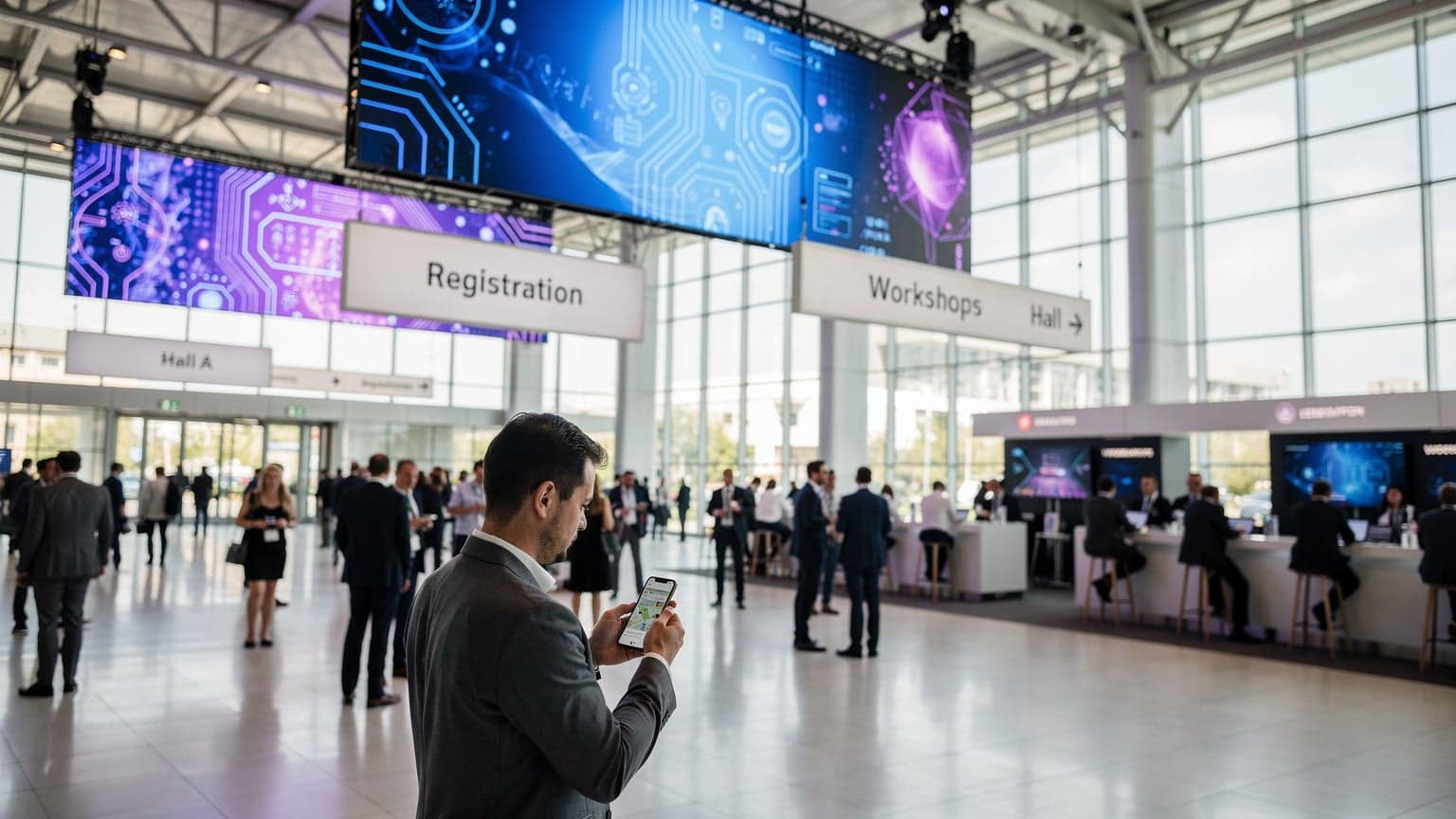 A person using a smartphone to navigate a large, modern convention center, with digital displays and a bustling atmosphere in the background, representing CES 2027.