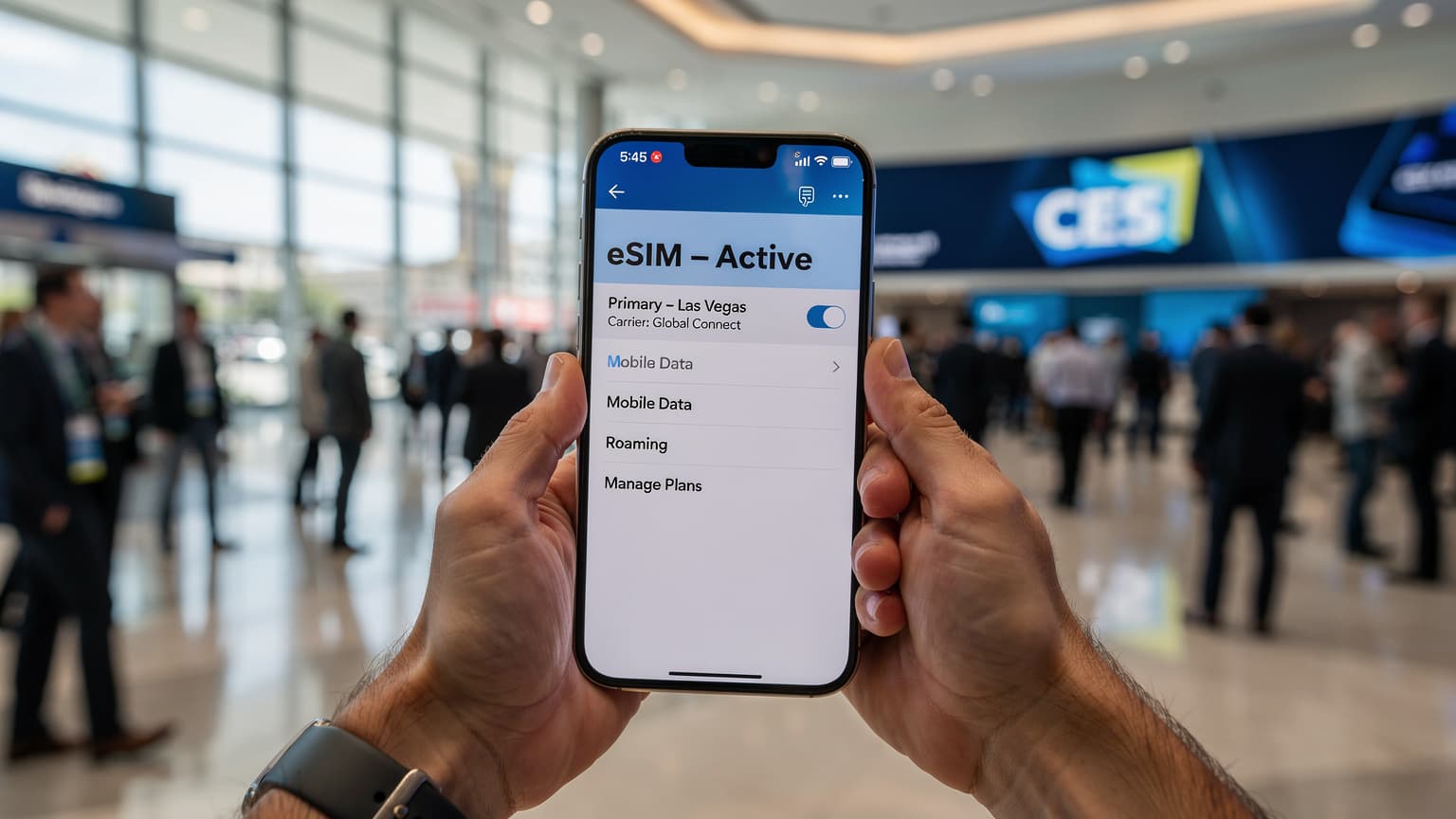 Крупный план смартфона с активным профилем eSIM на фоне выставочного центра в Лас-Вегасе, символизирующего CES 2027