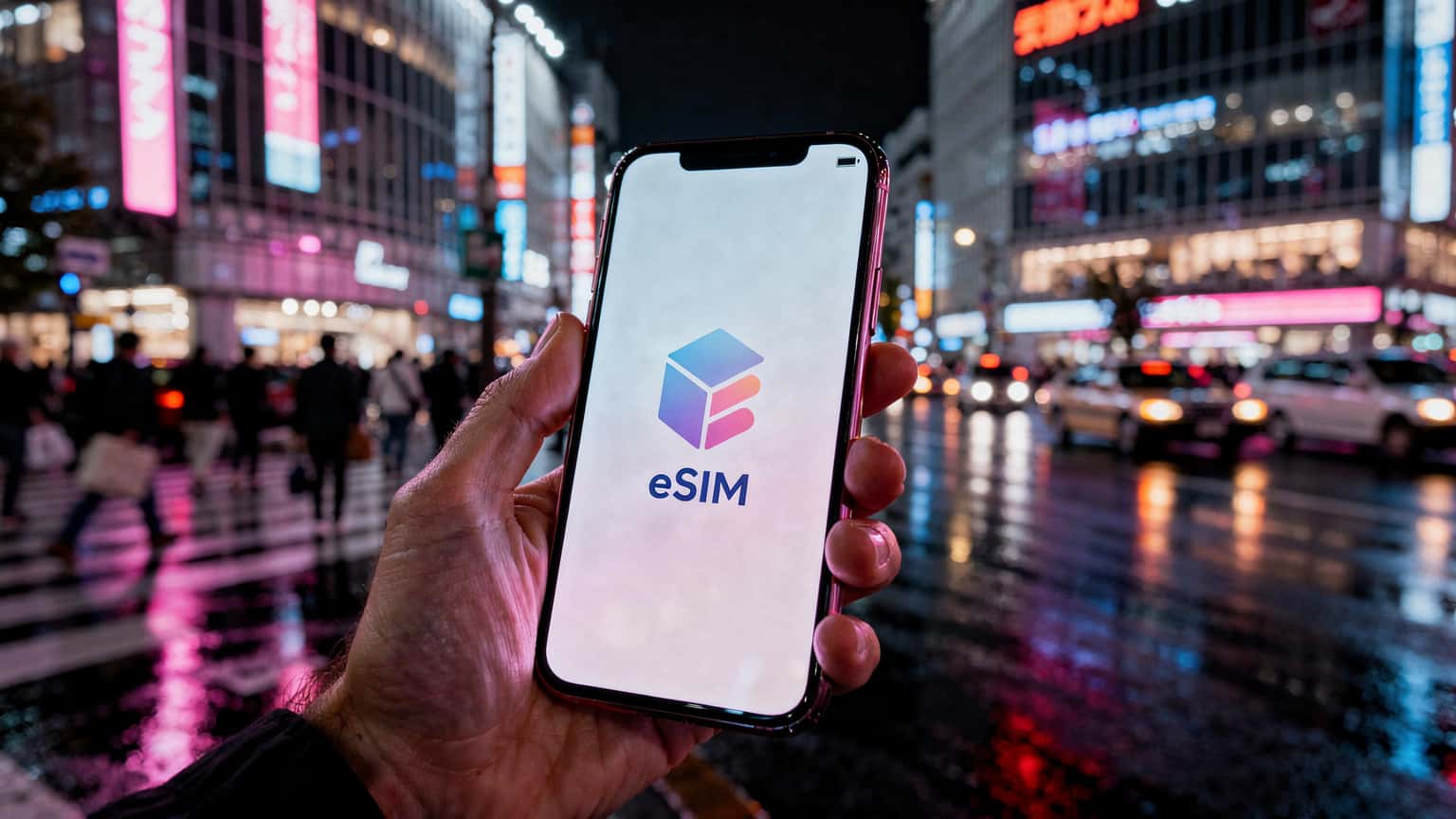 Tokyo'nun neon ışıklı sokaklarında bir akıllı telefon ekranında eSIM logosu