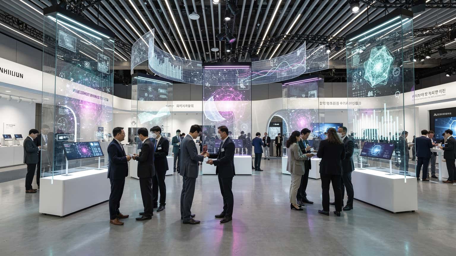 A diverse group of tech professionals networking at a modern exhibition hall in Seoul, with digital overlays suggesting data connectivity.