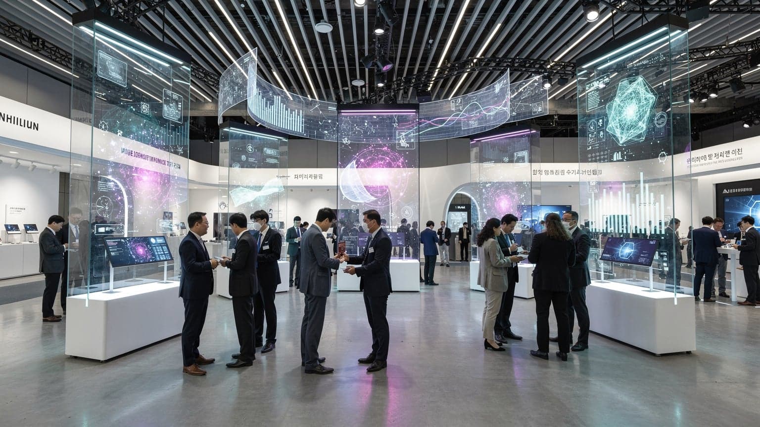 A diverse group of tech professionals networking at a modern exhibition hall in Seoul, with digital overlays suggesting data connectivity.