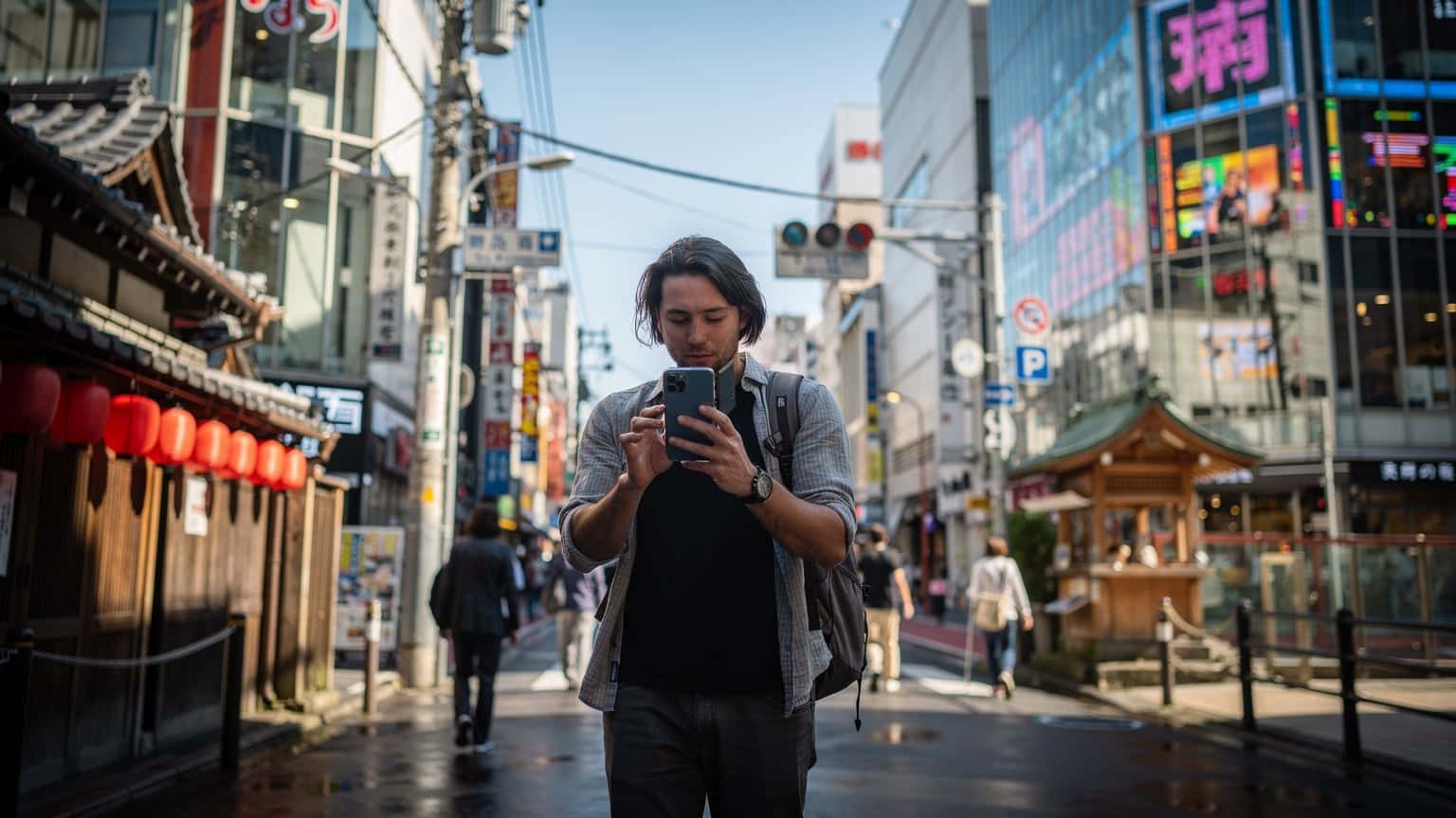 A traveler in Japan looking at their phone, with iconic Japanese landmarks in the background, illustrating connectivity while abroad.