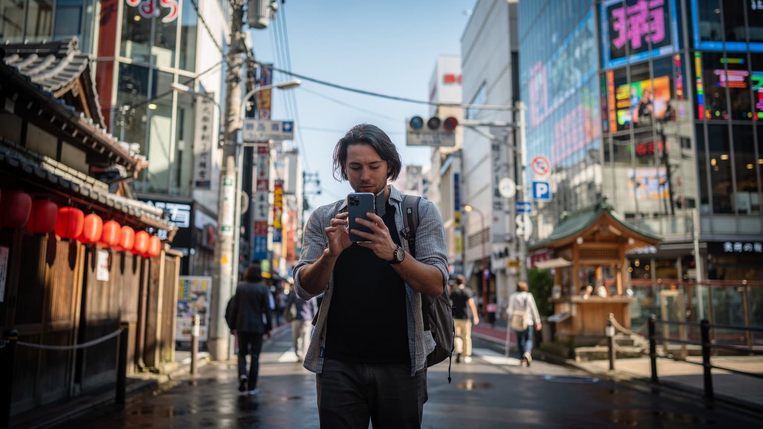 A traveler in Japan looking at their phone, with iconic Japanese landmarks in the background, illustrating connectivity while abroad.