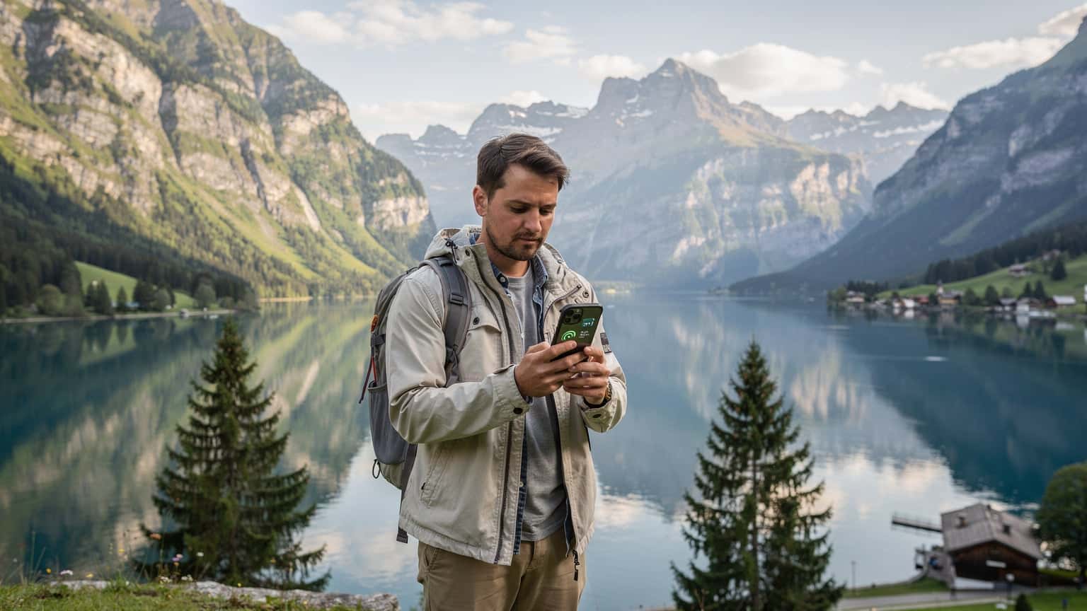 Un viaggiatore italiano utilizza il suo smartphone con una connessione stabile mentre ammira un paesaggio montano svizzero, con laghi e cime innevate sullo sfondo.