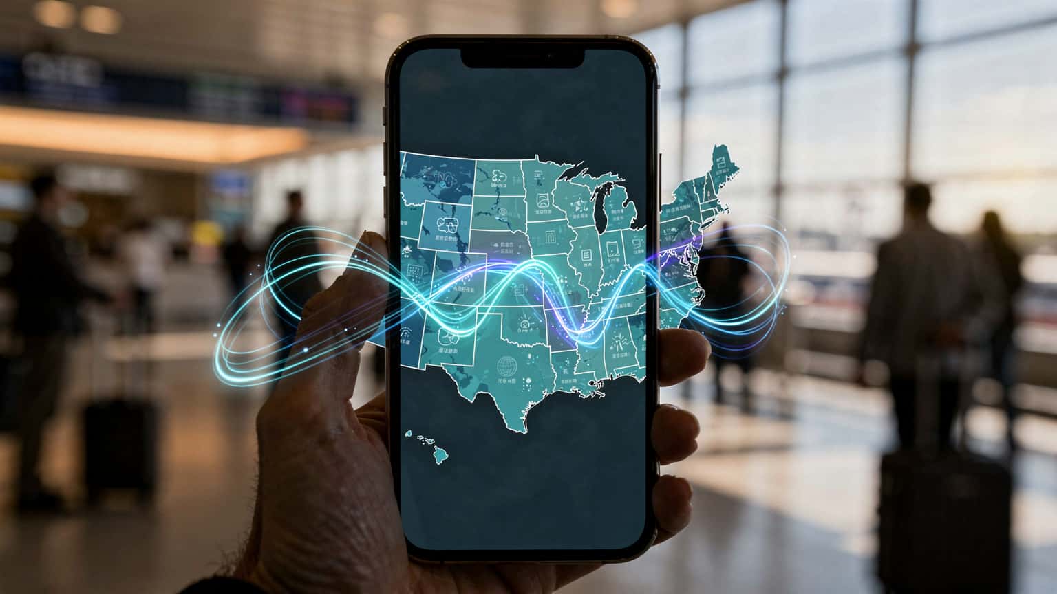 Eine Person hält ein Smartphone mit einer Karte der USA auf dem Bildschirm, symbolisierend mobile Konnektivität auf Reisen.