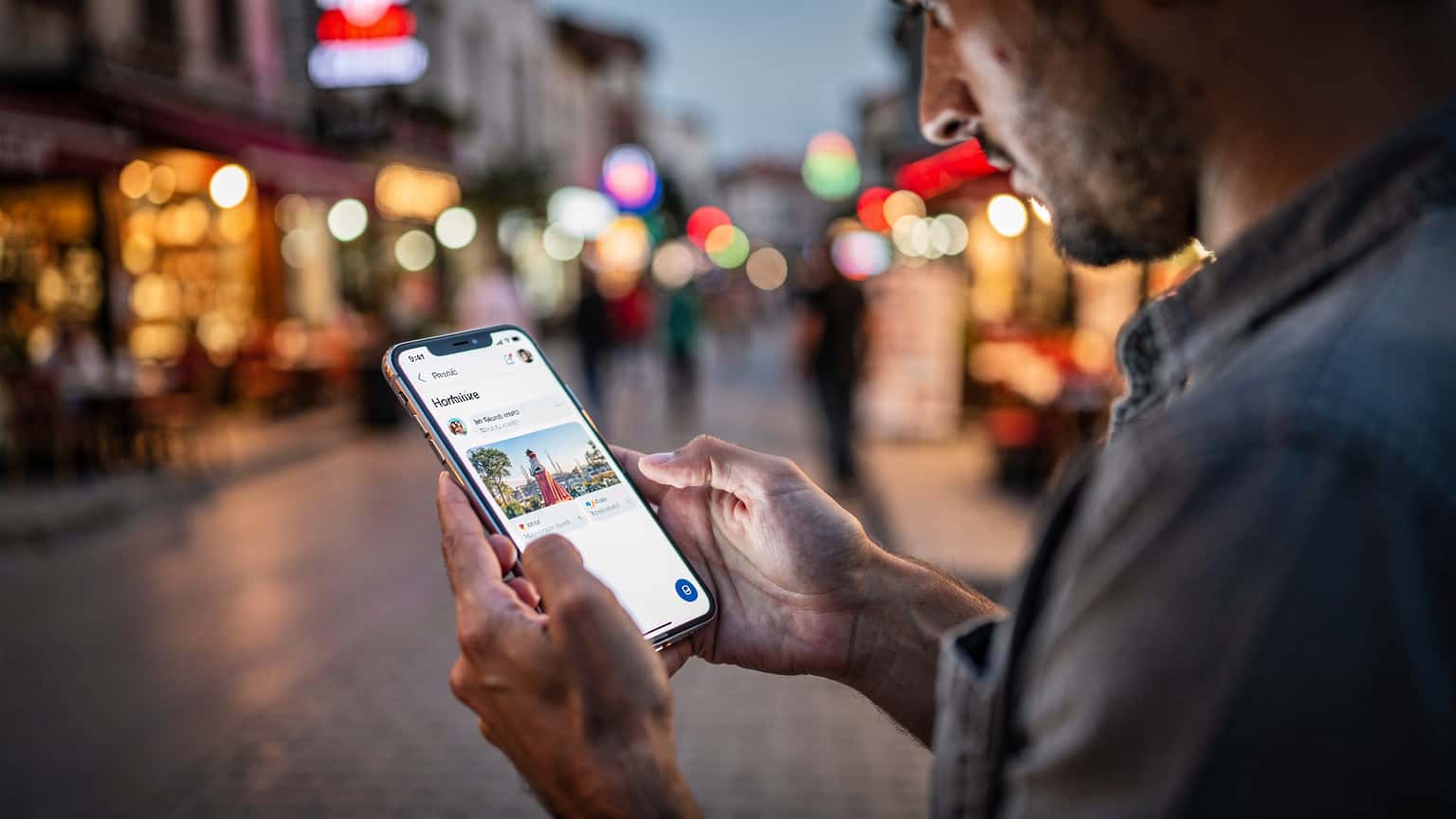 Une personne utilisant son smartphone avec un arrière-plan flou de paysages urbains turcs, symbolisant la connectivité en voyage.