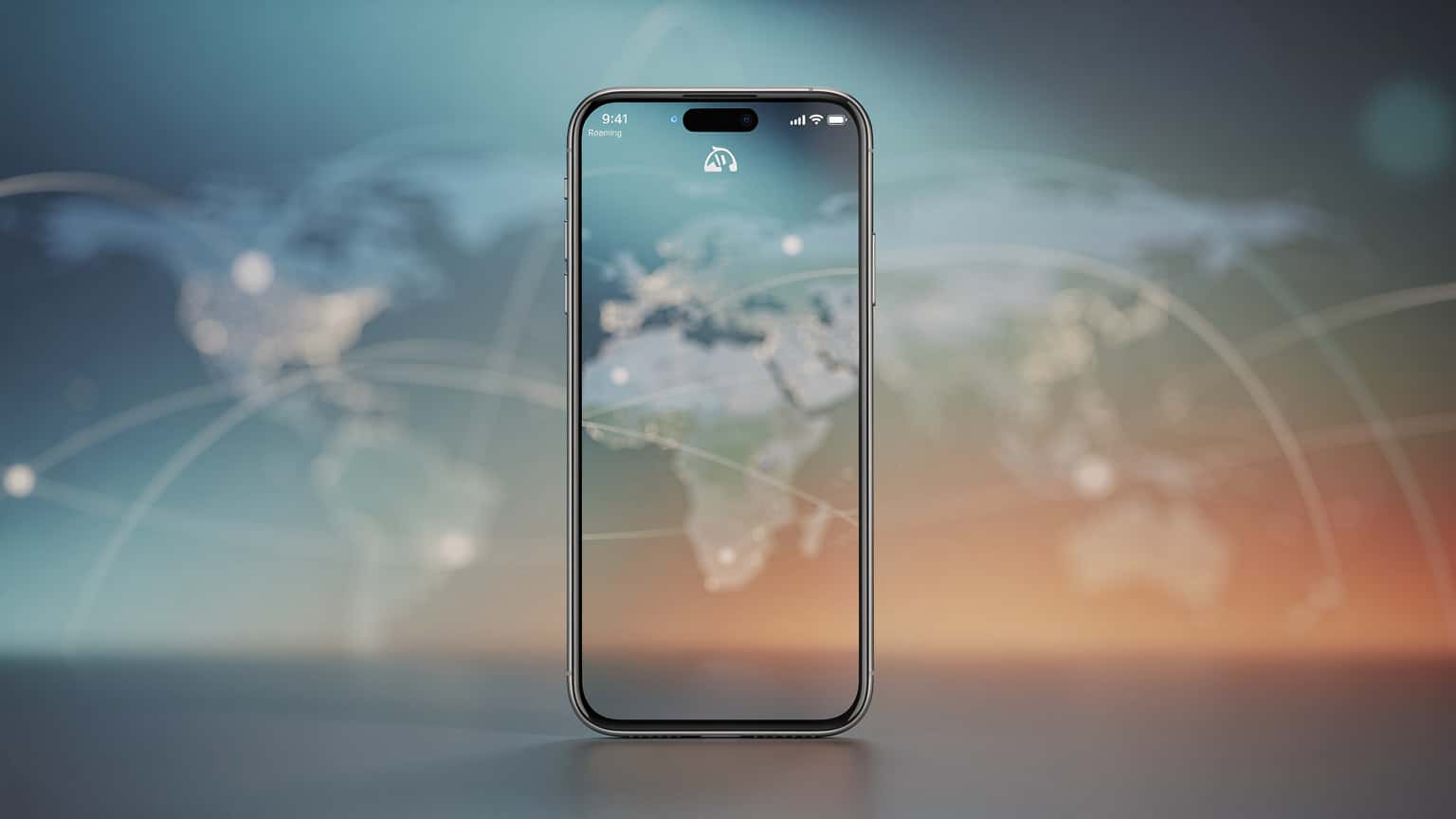 Een smartphone met een netwerkicoon, gesitueerd tegen een abstracte achtergrond die connectiviteit in een buitenlandse omgeving symboliseert, zonder specifieke locatiedetails.