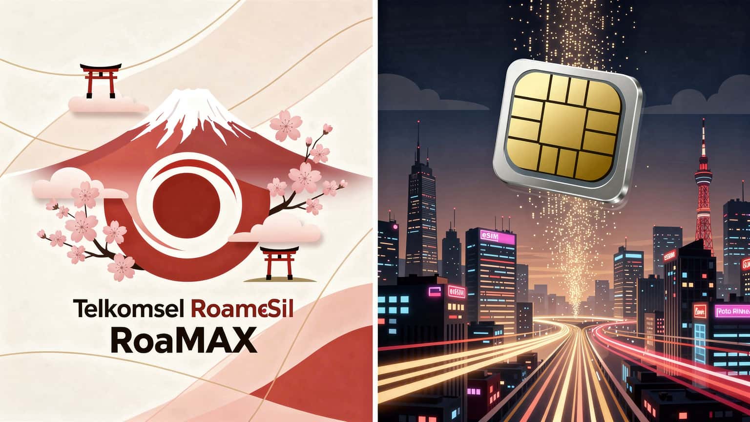 Ilustrasi perbandingan dua opsi konektivitas, satu sisi menunjukkan logo Telkomsel dengan latar belakang ikon Jepang, sisi lain menunjukkan ikon eSIM dengan latar belakang pemandangan Jepang yang modern.